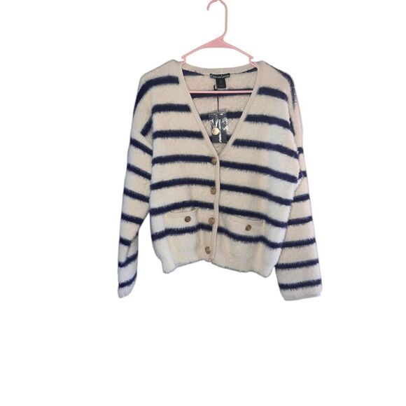 Christian Lactoix S oversized white blue striped soft and stretchy brushed yarn - Picture 3 of 10